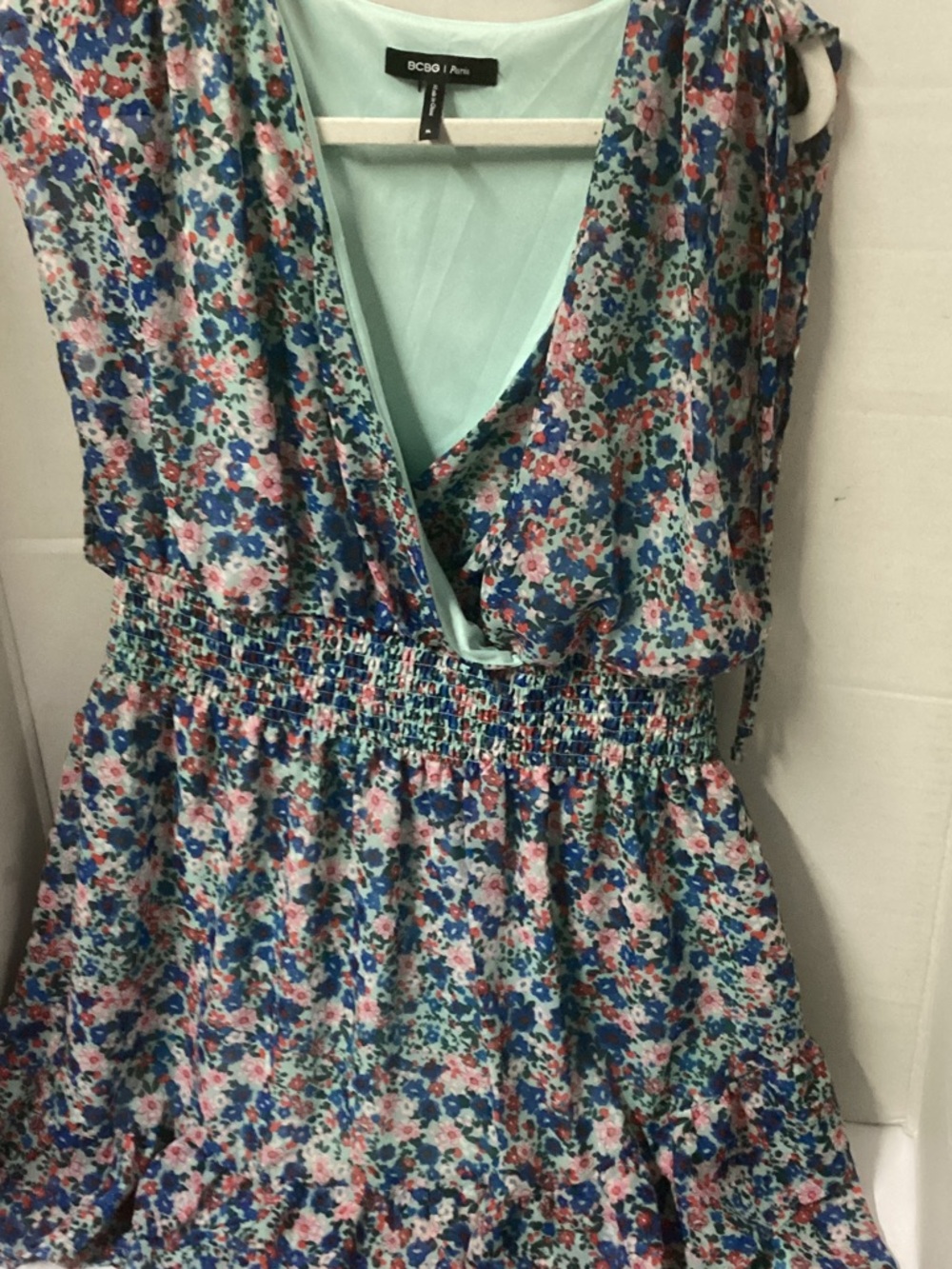 BCBG  Paris Floral V-Neck Smocked Waist Dress in Mint, Blue, Pink